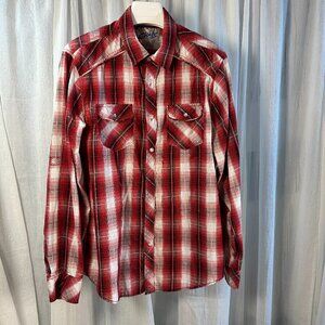 Chalc Mens Size Large Red Plaid Long Sleeve Button Up Shirt Snap Pockets Western